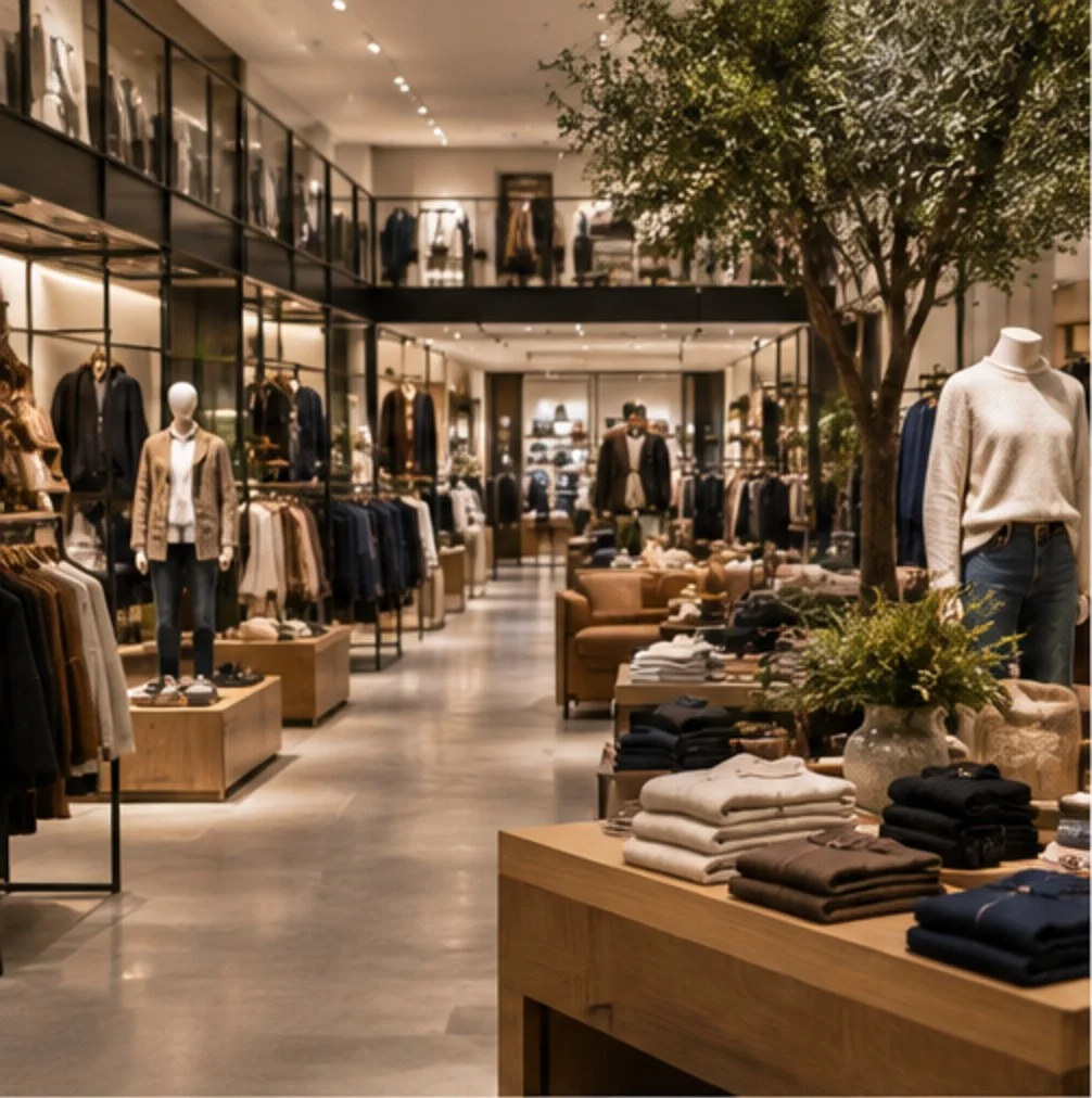Wide view of a clothing store interior with fixtures and merchandise
